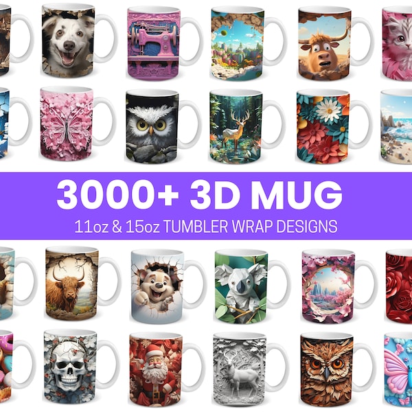 Paquete de diseño de sublimación de MUG 3D 3000+, PNG de 11 oz y 15 oz, 3D