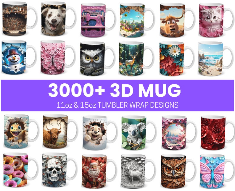 3000 3D MUG Sublimation Design Bundle, 11oz and 15oz PNG, 3D image 1