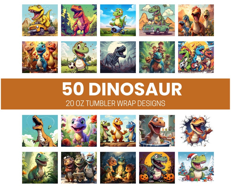 50 Dinosaurier Becher Sublimation Design Bundle, Gerade Designs, Wrap PNG, 3D Bild 1