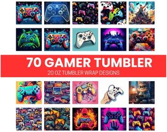 70 Gamer Tumbler sublimatie ontwerpbundel, rechte ontwerpen, wrap PNG, 3D