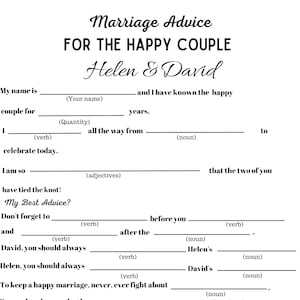 Wedding Madlibs Second Version- Printable and Editable