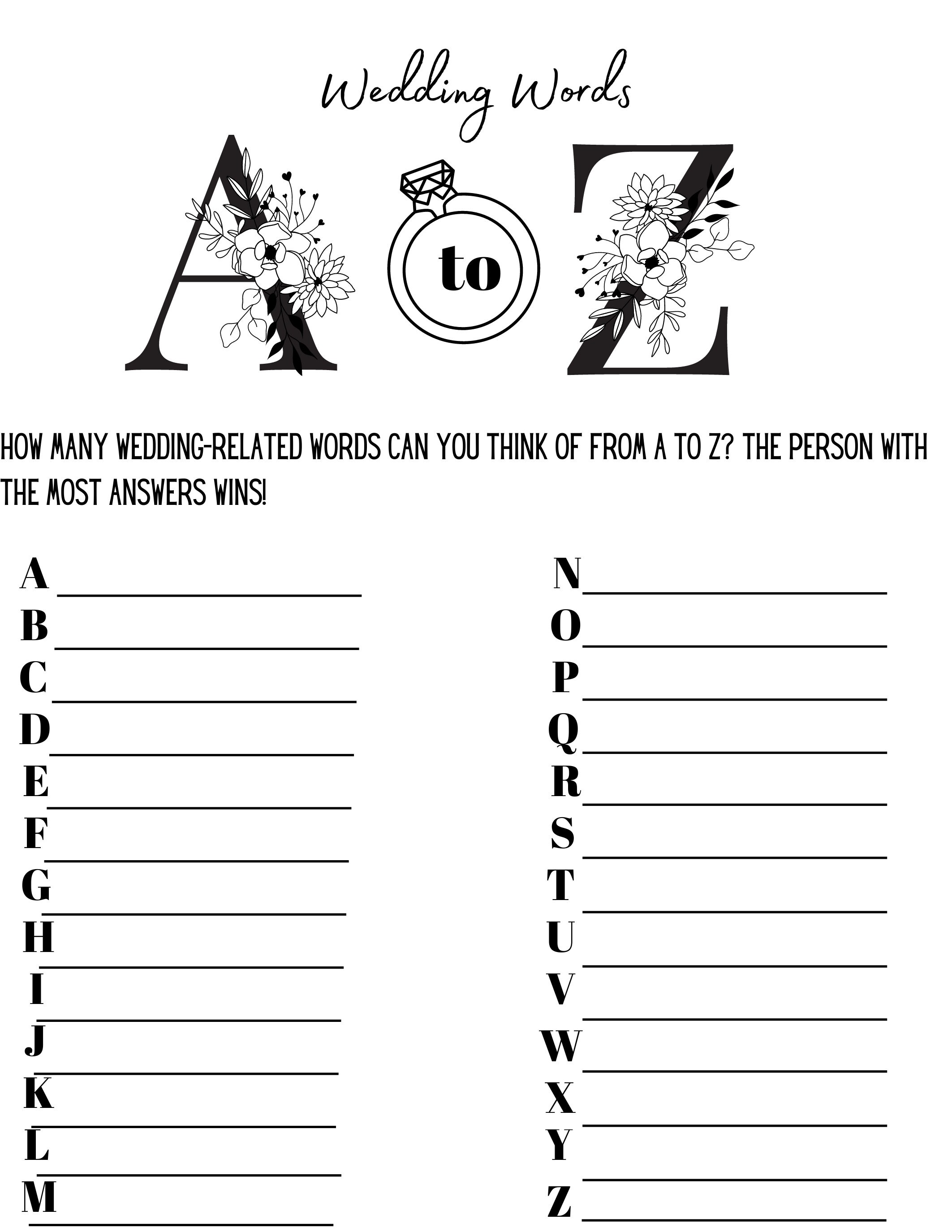 Printable Wedding Word Game A to Z Kraft and White - Etsy
