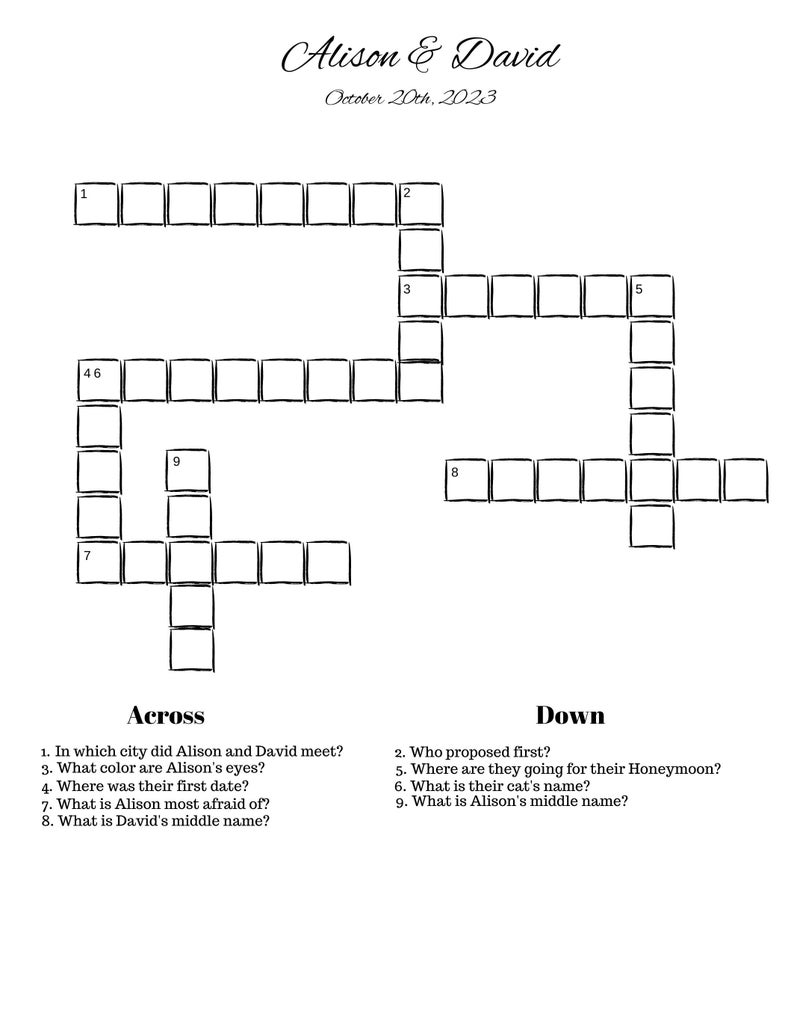 Custom Wedding/rehearsal Dinner Crossword Puzzle Etsy Custom Wedding/rehearsal Dinner Crossword Puzzle Etsy