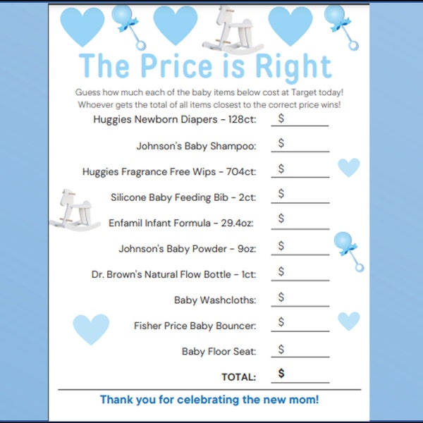 Baby Shower Price is Right Game - Baby Boy Edition