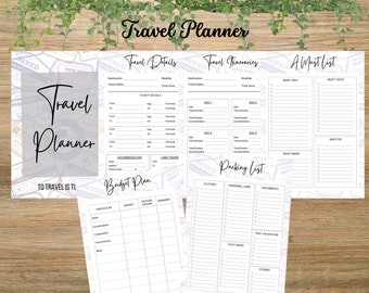 May include: A printable travel planner with sections for travel details, itinerary, packing list, and a must-do list. The planner features a background of vintage travel stamps.