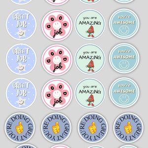 May include: A set of 16 colorful round stickers with encouraging messages. The stickers feature various designs, including stars, flowers, watermelons, and thumbs up. The messages include "Great Job", "Good Job", "You are Amazing", and "You're Awesome".