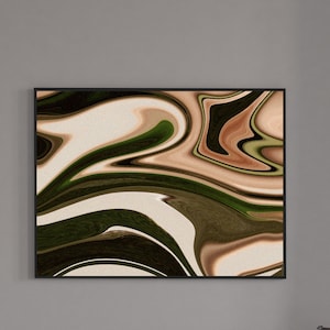 May include: Abstract art print with swirling patterns in shades of brown, green, and white. The print is framed in a black frame.