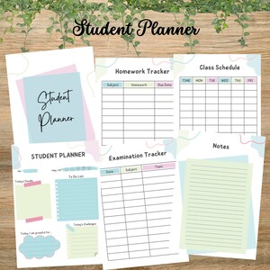 Puede incluir: Un planificador de estudiantes imprimible con secciones para la tarea, el horario de clases, el seguimiento de exámenes y las notas. El planificador tiene un esquema de color azul claro, rosa y verde con formas abstractas.