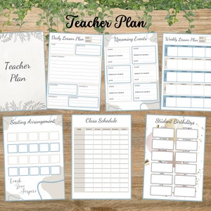 May include: A printable teacher planner with sections for daily lesson plans, upcoming events, weekly lesson plans, seating arrangements, class schedules, and student birthdays. The planner has a light blue and beige colour scheme with floral illustrations.