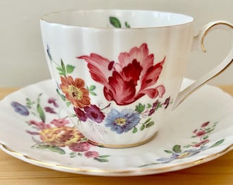 Vintage Royal Tuscan "Springtime" Tea Cup & Saucer | Fine Bone China | Wedgwood Group | Made in England | Floral Gold Rim