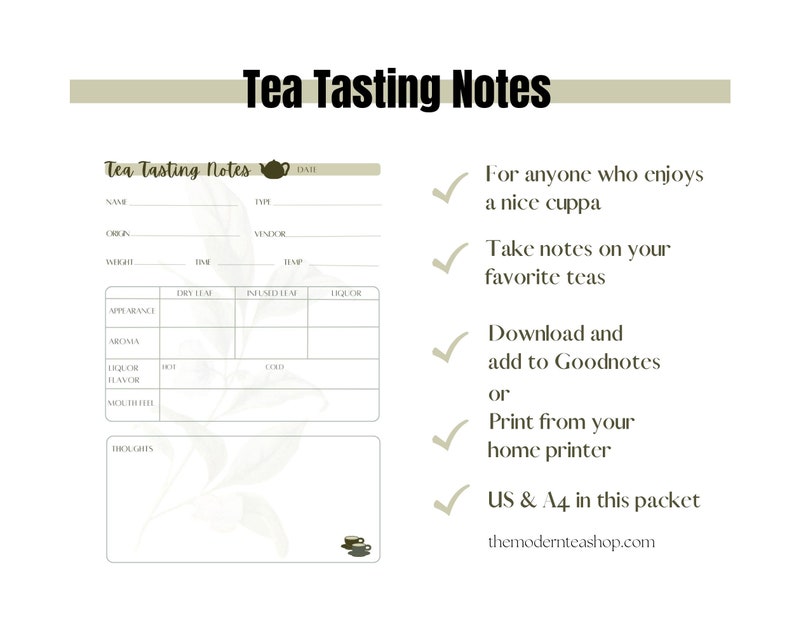 Tea Tasting Journal Digital Download for Goodnotes, Tea Tasting Notes