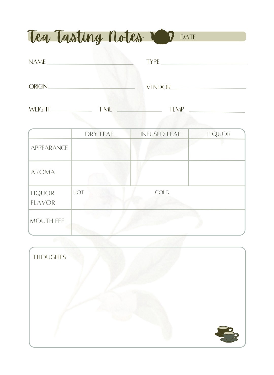 Tea Tasting Journal Digital Download for Goodnotes, Tea Tasting Notes