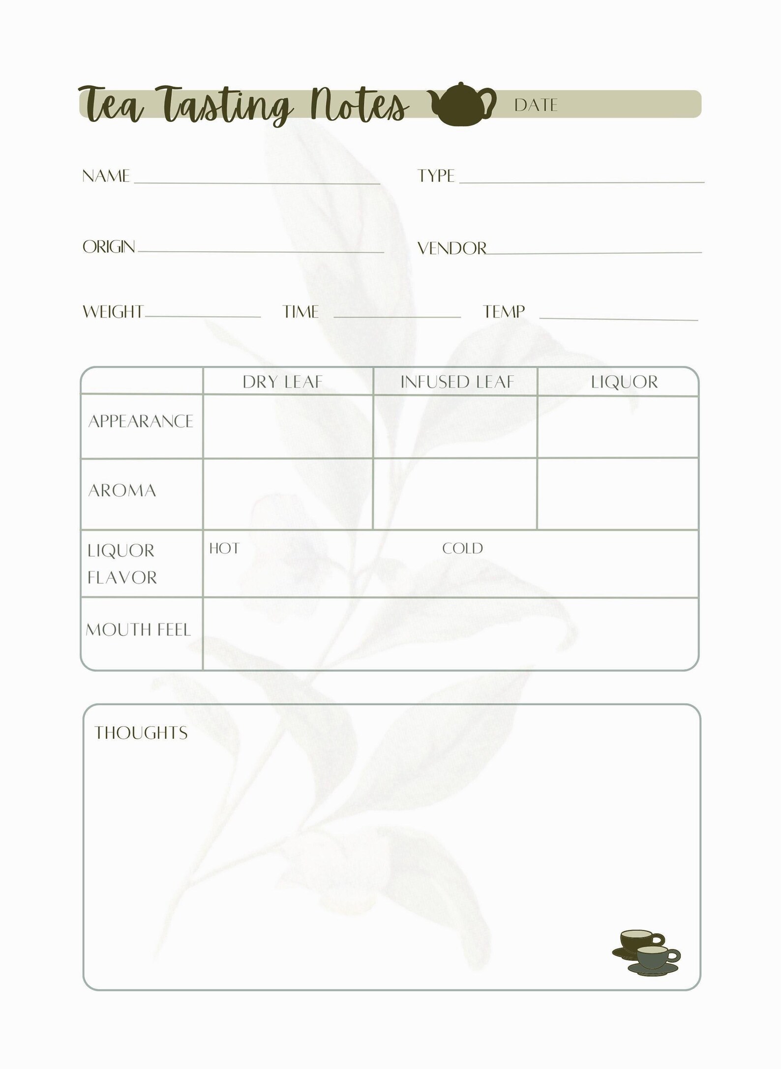 Tea Tasting Journal Digital Download for Goodnotes, Tea Tasting Notes ...