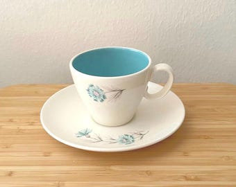 Vintage Taylor Smith & Taylor Boutonnière Tea Cup Saucer | Turquoise Floral Mid-Century
