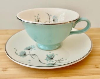 Vintage Taylor Smith and Taylor Blue Lace Versatile Tea Cup & Saucer | Aqua Mint Dandelion | Platinum Trim | 1950s MCM | Made in USA