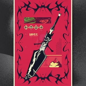 May include: A red poster featuring a stylized black and white sword design. The poster includes the word "MISS" and other graphic elements. The design has a dark, edgy aesthetic with decorative borders.