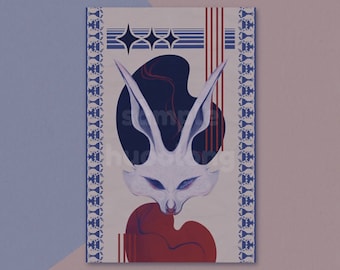 May include: A white rabbit with blue eyes and red accents is depicted in a stylized illustration. The background features a geometric pattern with blue and red lines and stars.