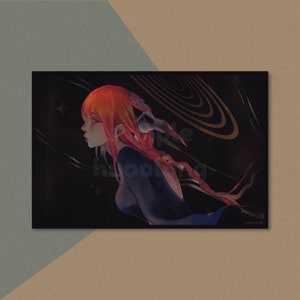 May include: A digital painting of a woman with long red hair. She is wearing a dark blue shirt and has a skull-like figure behind her. The background is dark with swirling lines and stars.