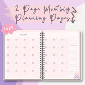 May include: Two-page monthly planner spread with a pink background and a calendar for August. The calendar has a space for each day of the week and a notes section.