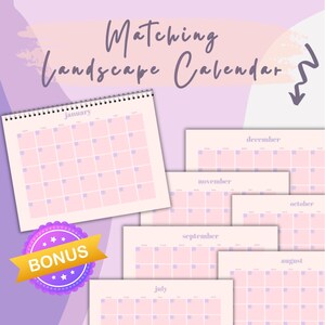 May include: A set of 12 printable calendar pages featuring a pastel pink and purple color scheme. Each page has a different month of the year, with the month name printed in purple at the top. The calendar pages are designed to be printed and used as a planner or organizer.