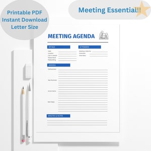 Meeting Agenda | Meeting Minutes | Team Meeting Notes | Printable Meeting Essential