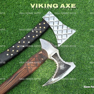 Set of 2 Hand-Forged Viking Axe Custom Engraved Hatchet Carbon Steel Axe + Leather Sheath Camping,Bushcraft,Gift for Him Christmas Survival