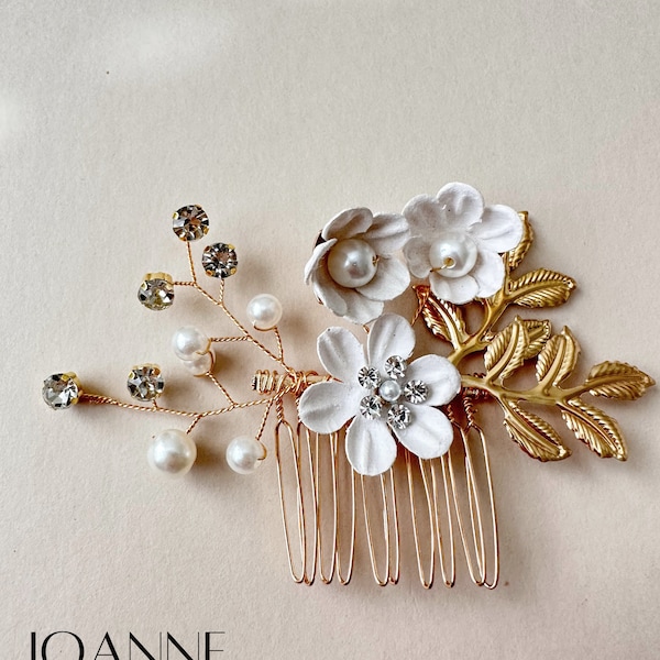 Joanne Bridal Hair Comb,Wedding Hair Comb White Flower Pearl Rhinestone, Bridal Hair Comb Hair for Bride or Bridesmaid by Suri