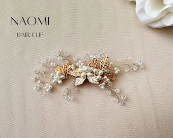 Naomi Hair Clip, Gold Leaves, Pearls and Crystal Bridal Hair Clip, Wedding Hair Accessories, Bridal Hairpiece by Suri