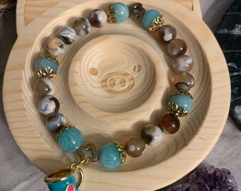 Coffee Lover Coffee Agate Crystal Gemstone Beaded Charm Bracelet with Pyrite Accents and Coffee Cup Charm