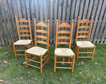 Vintage Ladder Back Pine Dining Chairs with Seagrass Seats