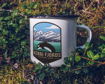 Enamel Mug Kenai Fjords, Alaska camp mug, National park campfire mug, Alaska hiking mug, Alaska camp mug, Travel hiking gift, NOT sticker