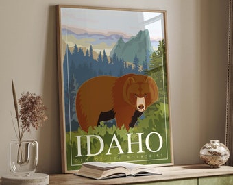 Idaho vintage style poster, Bear art frame canvas, Idaho landmarks acrylic printing, Office wall decor, Decor for living room, Large canvas