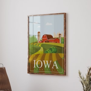 Iowa retro style frame poster, State landmarks canvas, Nature art acrylic glass printing, Large size framed canvas, Home wall decor