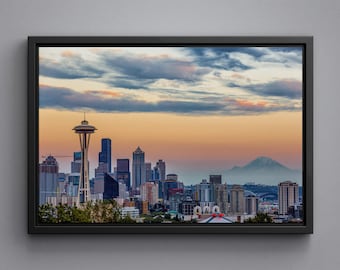 Seattle Skyline canvas art, Seattle poster, framed Seattle acrylic glass, large size Seattle poster, framed wall art decor