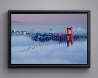 Golden Gate at dawn surrounded by fog canvas, framed poster, acrylic glass print