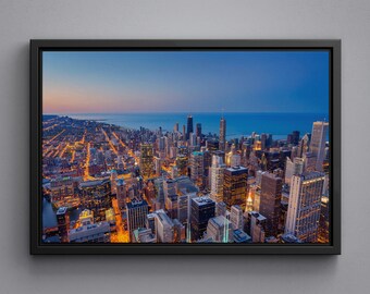 Chicago Downtown Twilight Blue Hour Canvas, Chicago Cityscape Framed Poster, Large Size Print, Wall Art Decor