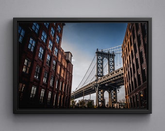 Manhattan Bridge Narrow Alley Canvas, Brick Buildings Poster, Sunny Summer Acrylic Glass Print, Wall Art Decor
