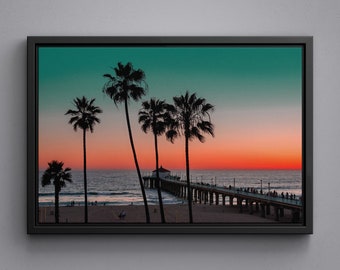 Vintage Palm Trees and Pier at Manhattan Beach, Tropical Travel Large Canvas, Framed Wall Art Print, Acrylic Glass Poster, Beach Fashion Con