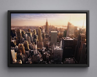 New York City skyline sunset canvas, Urban skyscrapers poster, USA large size print, Framed wall art decor