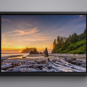 May include: A scenic sunset over a beach with driftwood in the foreground, rocky outcroppings in the water, and a forested hillside in the background.