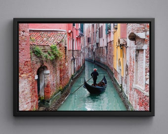 Venetian Gondolier Punting Gondola through Green Canal Waters of Venice, Italy - Large Size Canvas Print, Framed Wall Art Decor, Acrylic Gla