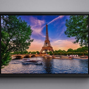 Paris Eiffel Tower and River Seine at Sunset Canvas, Large Size Poster, Framed Wall Art Print, Acrylic Glass Print, Paris France Landmark Ar
