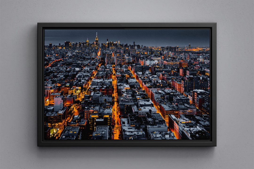 Aerial View of Illuminated New York City at Night Converging Towards ...
