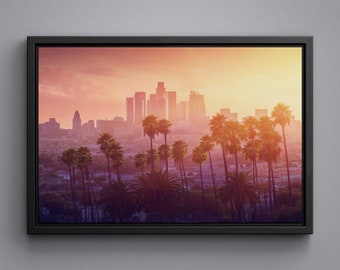 Los Angeles Hot Sunset View with Palm Tree and Downtown Background Art Photography Canvas, Poster, Acrylic Print