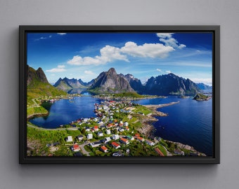 Reine Lofoten Norway Village Blue Sky Rorbu Houses View Top Canvas Poster Acrylic Glass Print Large Size Framed Wall Art Decor