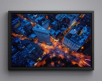 New York Aerial View Canvas, Manhattan Downtown Poster, Big Apple Acrylic Glass Print, Night Streets Wall Art Decor, Large Size