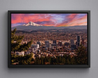 Sunrise View of Portland with winter mountain Framed Canvas, Acrylic Glass Print, Large Size Poster