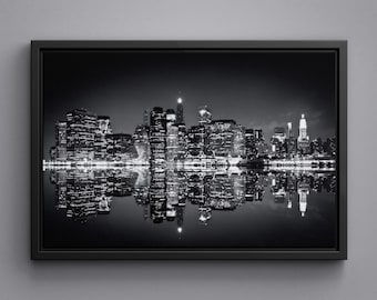 New York Skyscrapers at Night Black and White Canvas, Framed Poster, Acrylic Glass Print, Large Size Art, Wall Art Decor