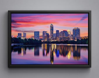 Austin, Texas Skyline on Colorado River, Framed Canvas & Large Size Prints, Acrylic Glass, Wall Art Decor, USA Travel Poster