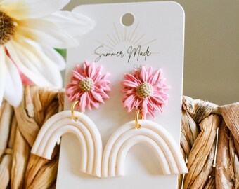 Polymer Clay Earrings| Pink Flowers| Ivory Rainbow Arch| Dangle Earrings